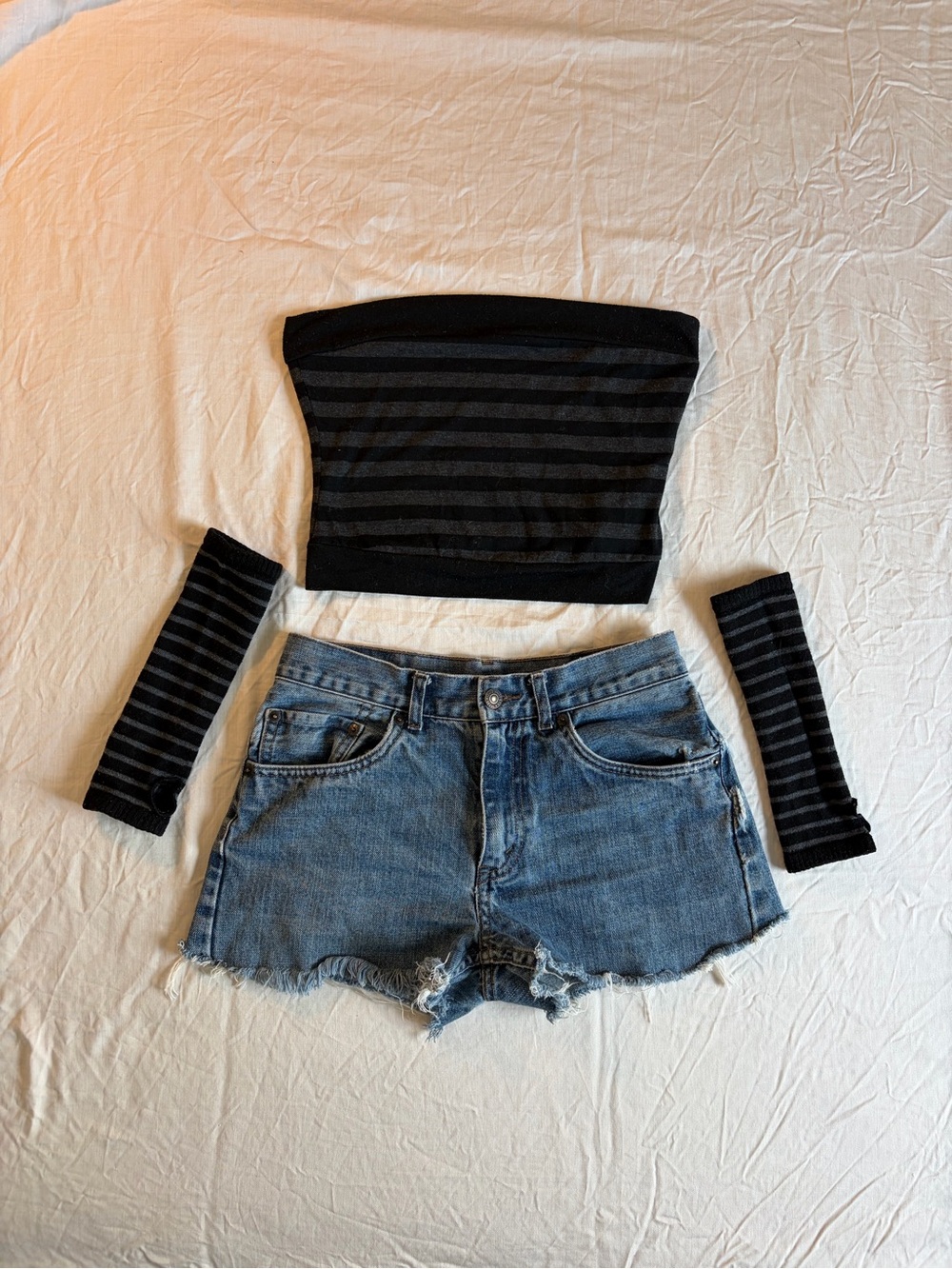 Striped Black Tube Top with Matching Arm Warmers